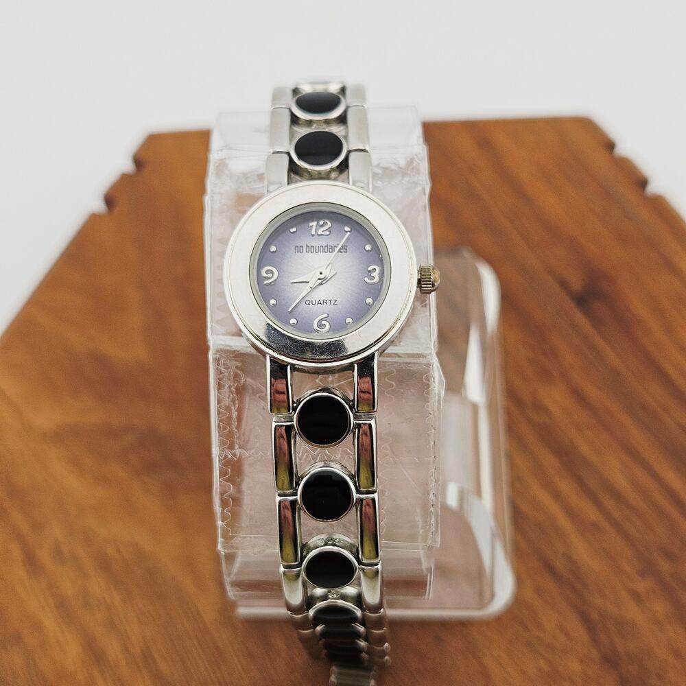 No Boundaries Women's Silver Tone Dressy Bracelet Watch Black Accent Link Band